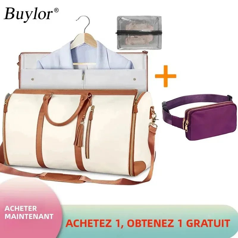 Buylor Lot de 2 sacs pliables pour costumes, grande capacité, sac de voyage avec pochette à chaussures, sac à main imperméable pour femme, sac de sport extérieur