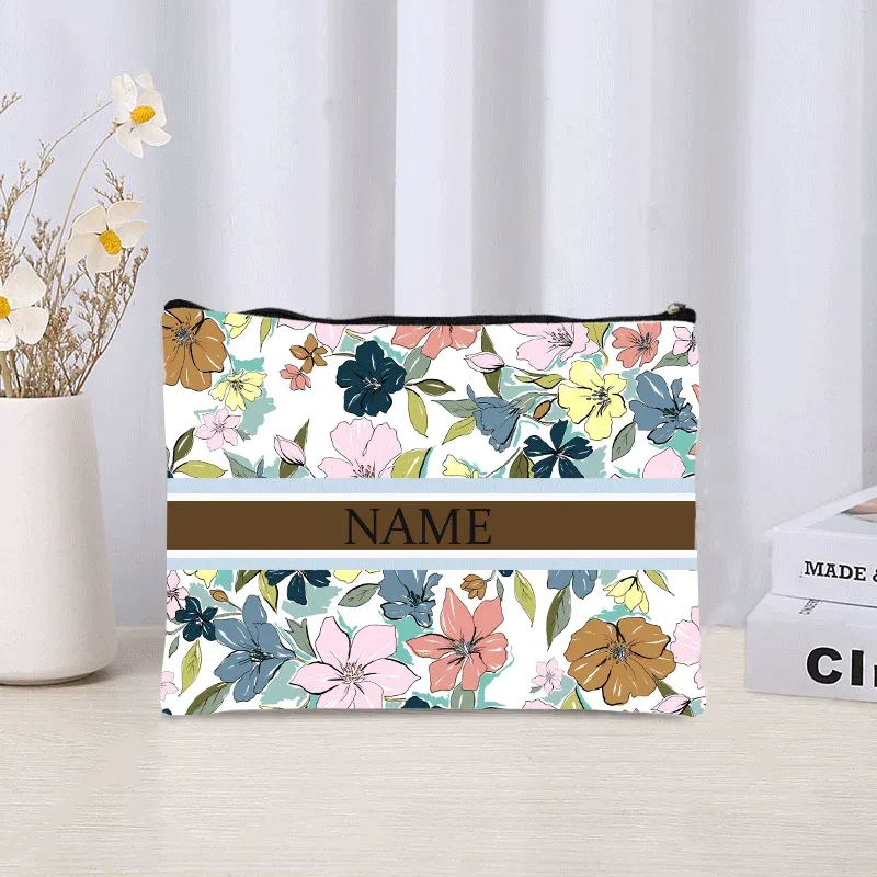 pochette de maquillage personnalisée de luxe avec nom floral, pochette de maquillage personnalisée, organisateur de rouge à lèvres de voyage, pochette de maquillage tendance, sac à main en toile