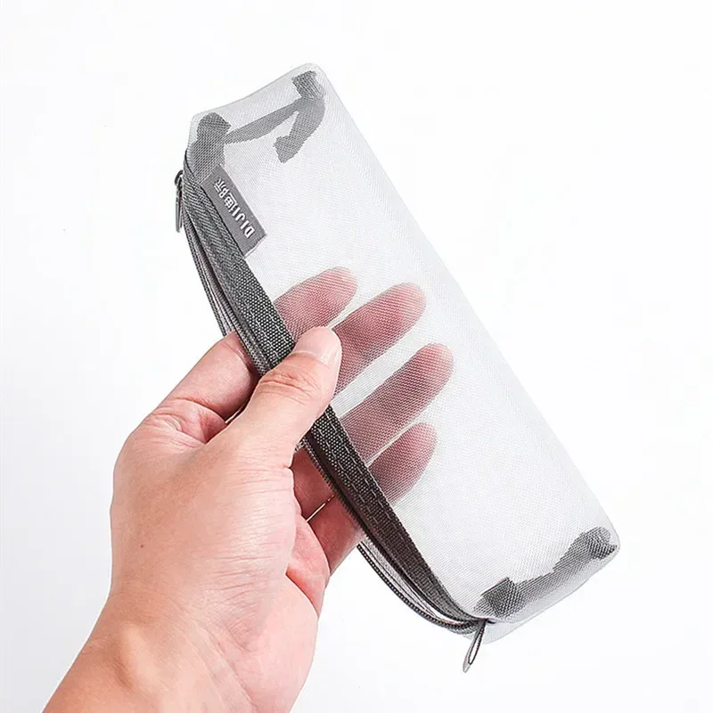 trousse de maquillage en nylon gris noir, maille, grande capacité, sacs transparents pour pinceaux cosmétiques, étudiants, trousse à crayons simple en nylon pour vacances