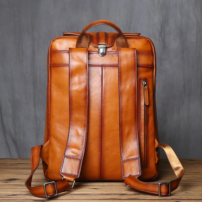 sac à dos pour homme en cuir de vache véritable vintage nzpj, sac à dos décontracté pour ordinateur portable, sac de voyage tendance pour l'école