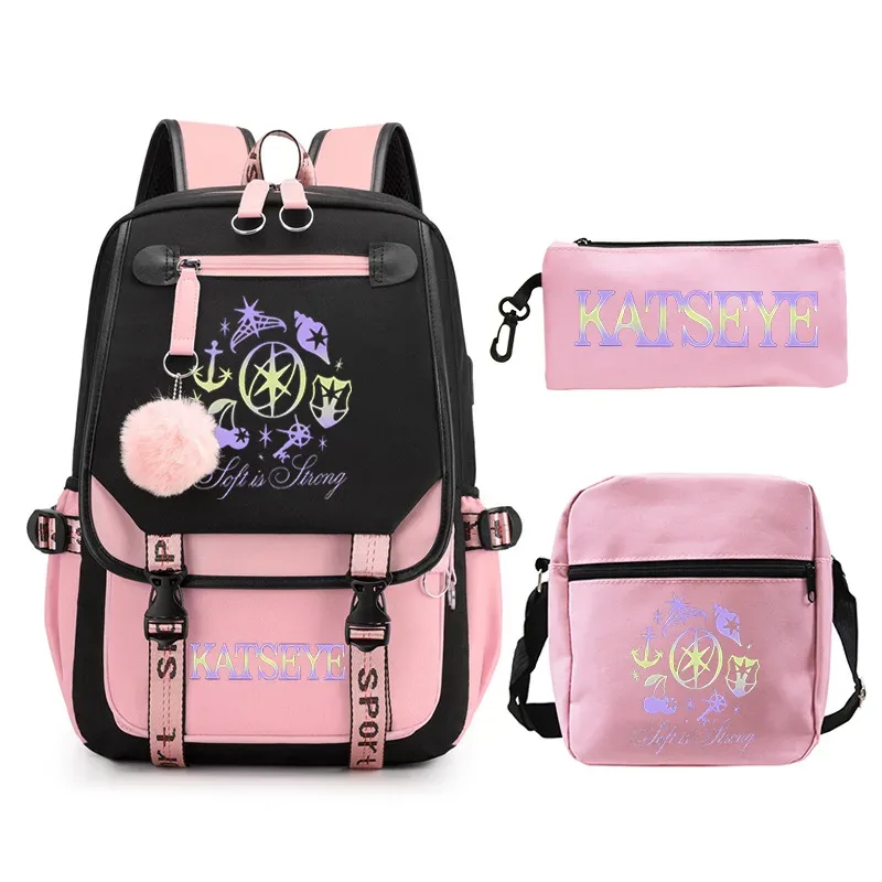 sac à dos imprimé katseye kpop pour adolescentes, ensemble de trousses à crayons, sac à dos d'école pour étudiantes, mochila de voyage pour femmes, 3 pièces