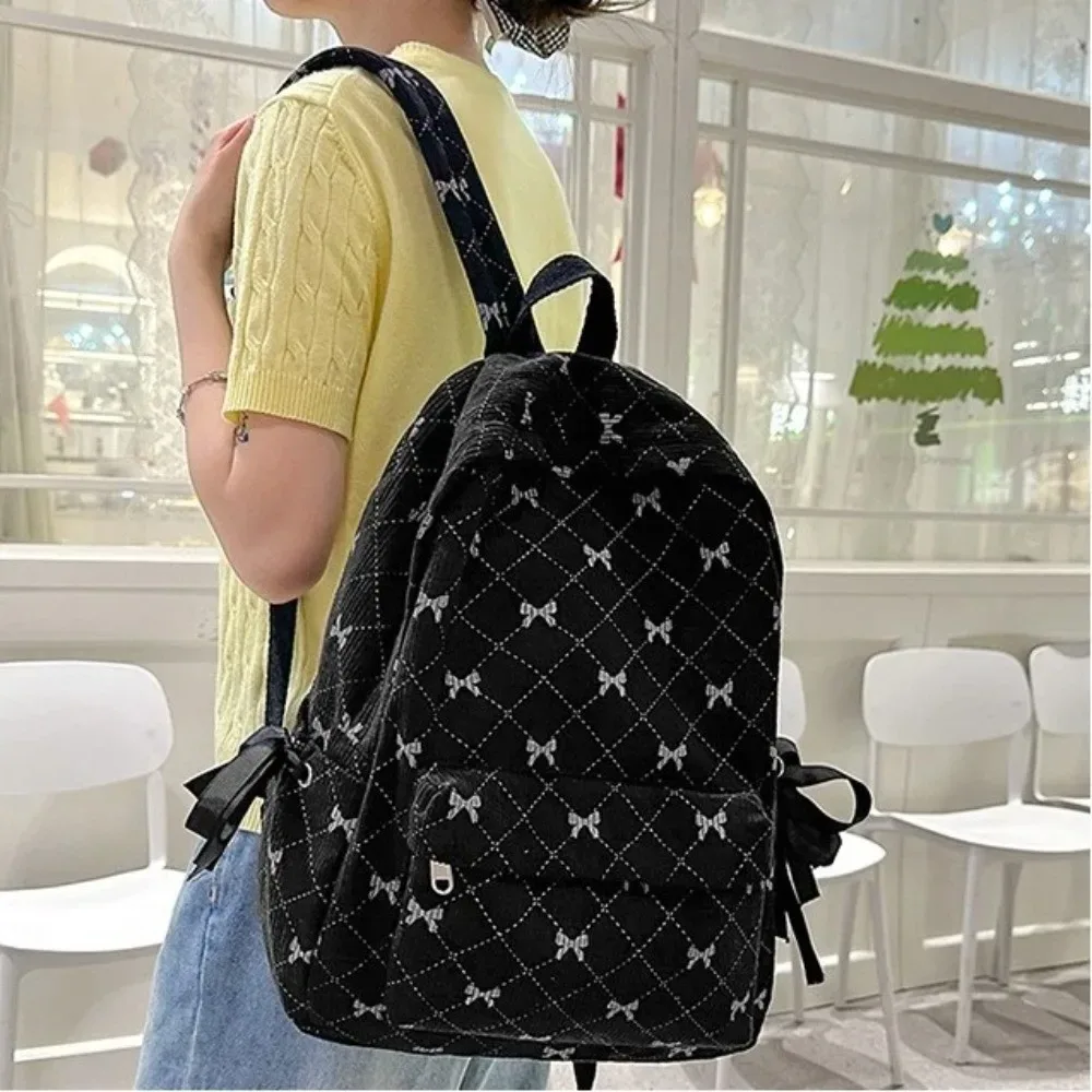 sac à dos en velours côtelé style coréen tendance, grande capacité, bretelles réglables, imprimé nœud, pour étudiants et lycéens
