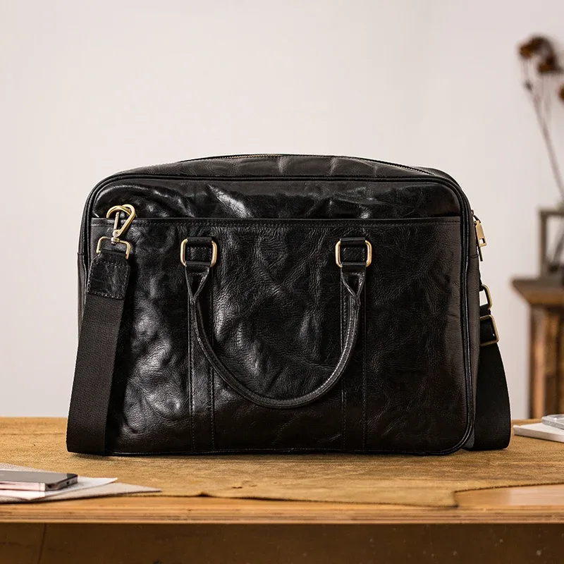porte-documents simple et décontracté en cuir véritable pour hommes, grande capacité, travail d'affaires, luxe, cuir de vache, avocat, noir, sac à main pour ordinateur
