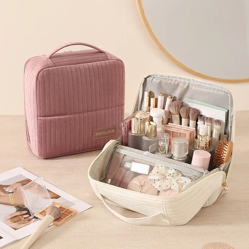 trousse de maquillage verticale, grande capacité, organisateur de cosmétiques portable, trousse de toilette de voyage avec poignée, étui à cosmétiques portable pour femmes