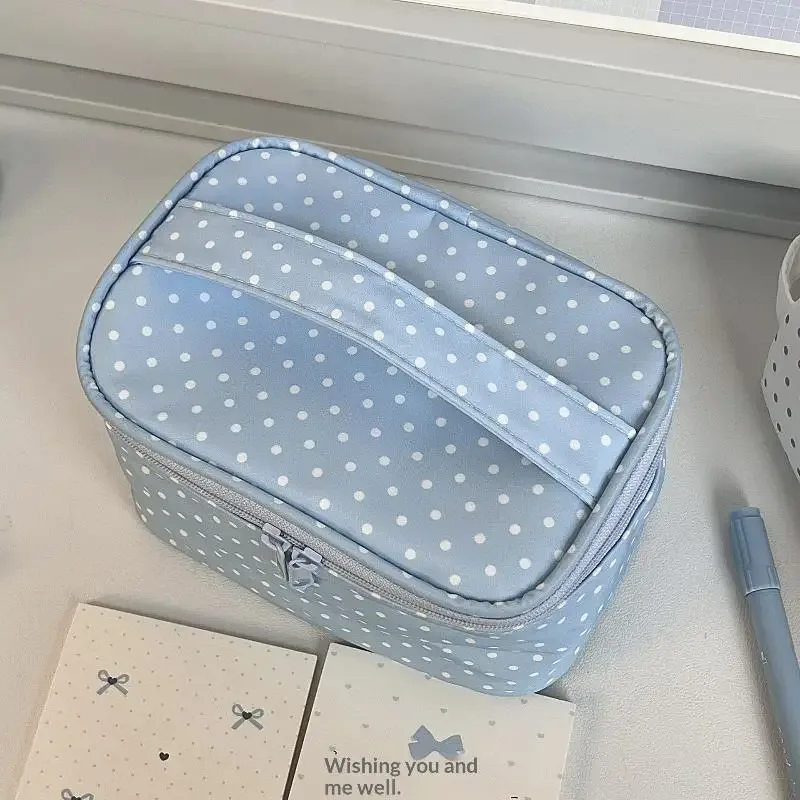 sac de rangement à motifs de points, trousse à crayons portable de grande capacité, trousse à cosmétiques à double fermeture éclair