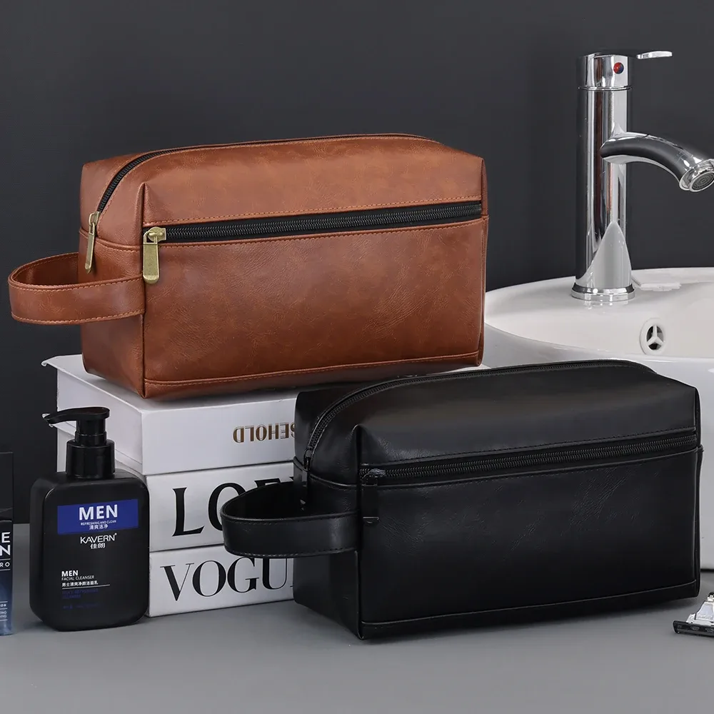 Sac à cosmétiques en cuir pour hommes, voyage d'affaires, rasage, trousse de toilette Portable, organisateur de grande capacité, sac de lavage à main