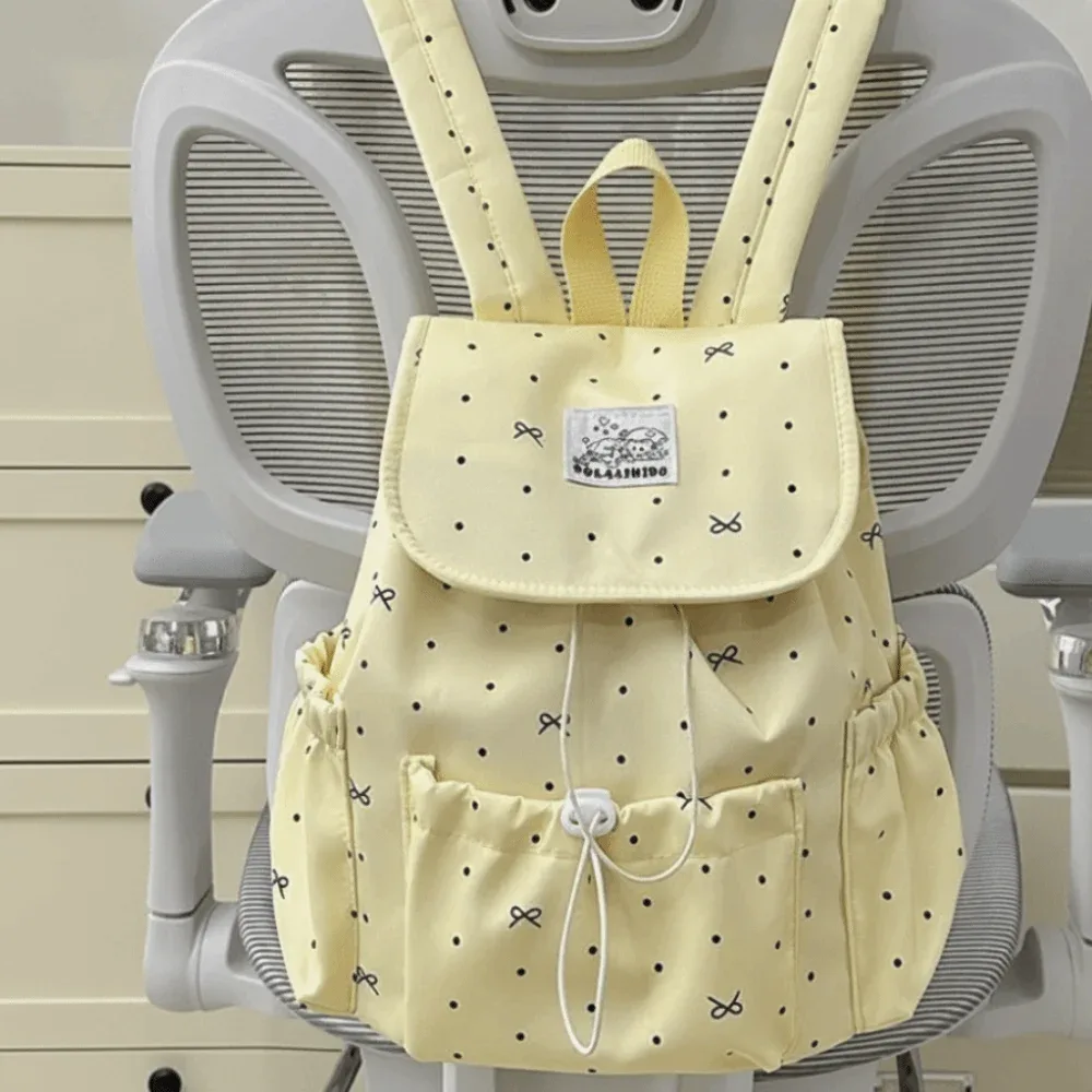 sac à dos à cordon de serrage à pois, grande capacité, ultra léger, double bandoulière, en nylon, avec nœud papillon, pour femme