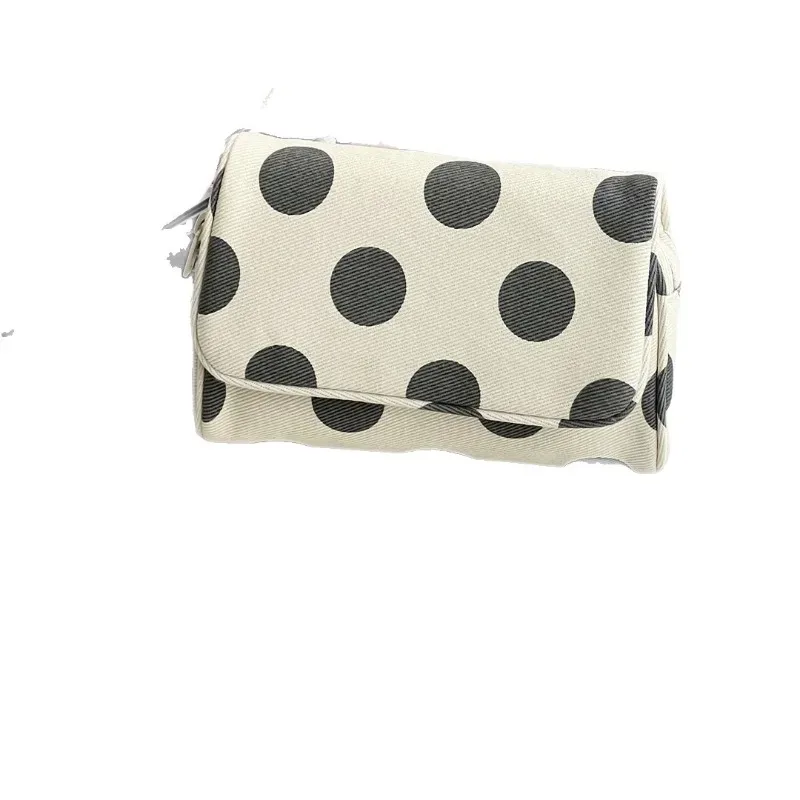grande trousse à cosmétiques à pois, grande capacité, pochette de rangement pour maquillage, sac de voyage portable avec miroir pour femmes