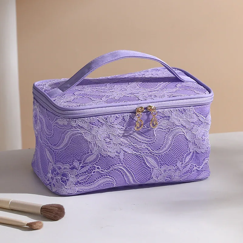 trousse de maquillage de voyage de grande capacité, sac à cosmétiques multifonctionnel portable en dentelle, sac de rangement de toilette pour femmes