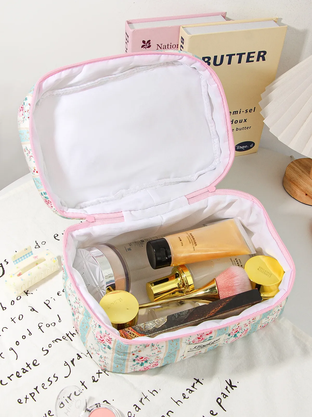 1 pièce/ensemble trousse de maquillage matelassée verte, trousse de maquillage florale ethnique, trousse de maquillage portable multifonctionnelle, trousse de maquillage de voyage