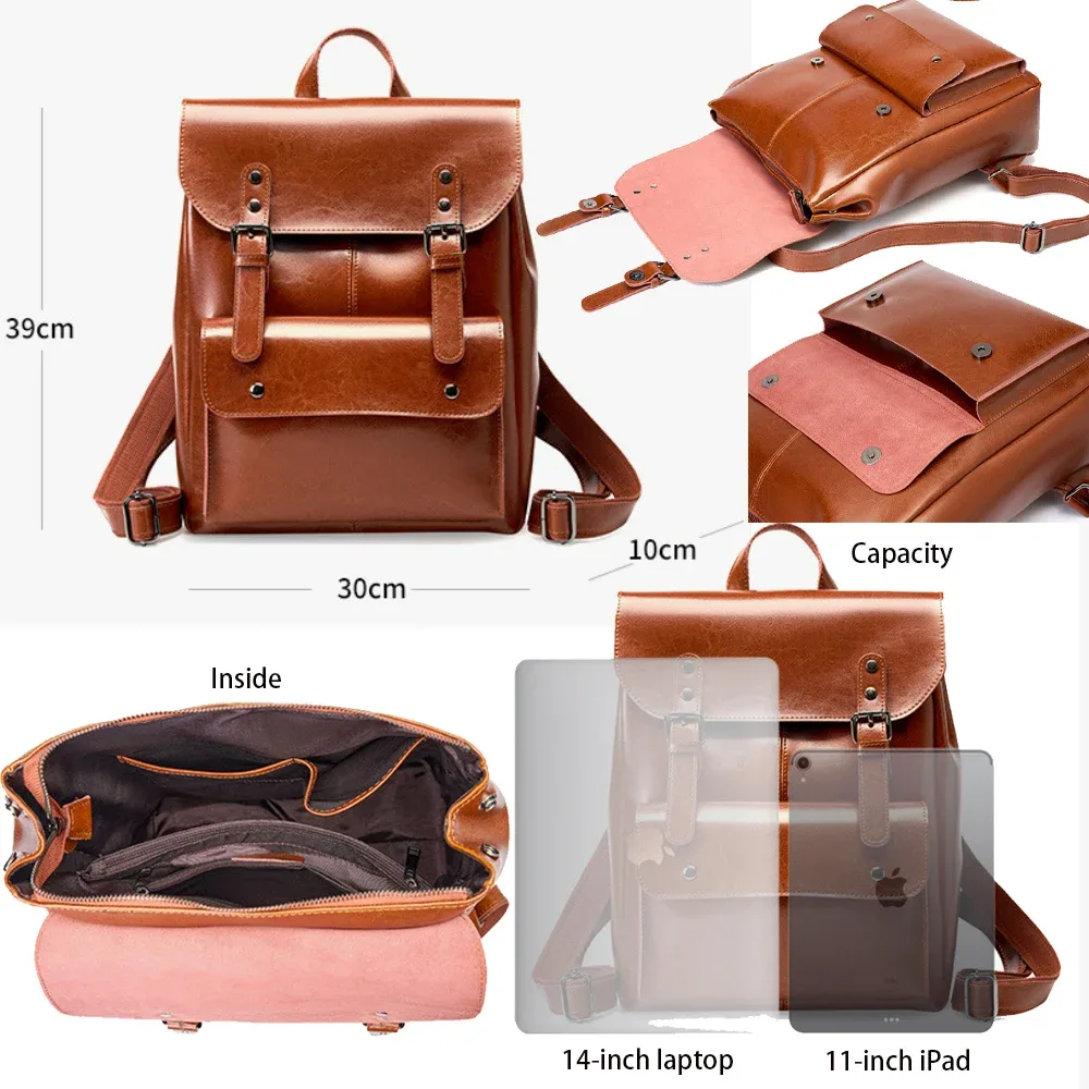 nouveau sac à dos antivol en cuir véritable, durable, grande capacité, sac à dos vintage pour ordinateur portable pour femmes, 14 pouces, en cuir de vache, pour l'école et le collège