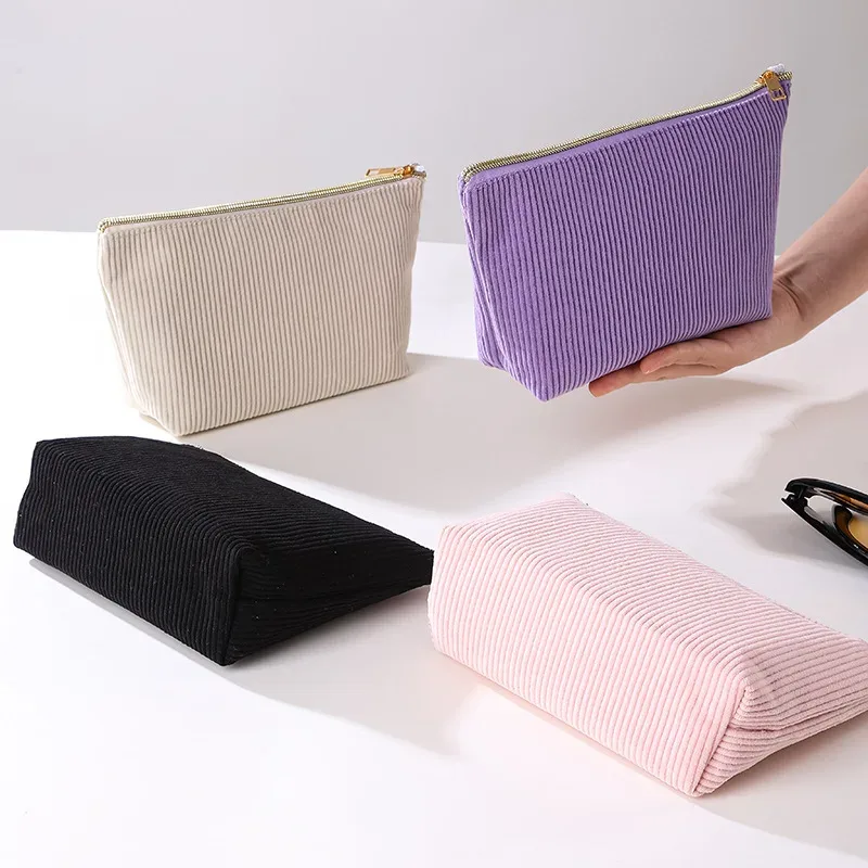 Trousse de maquillage en velours côtelé grande capacité avec fermeture éclair