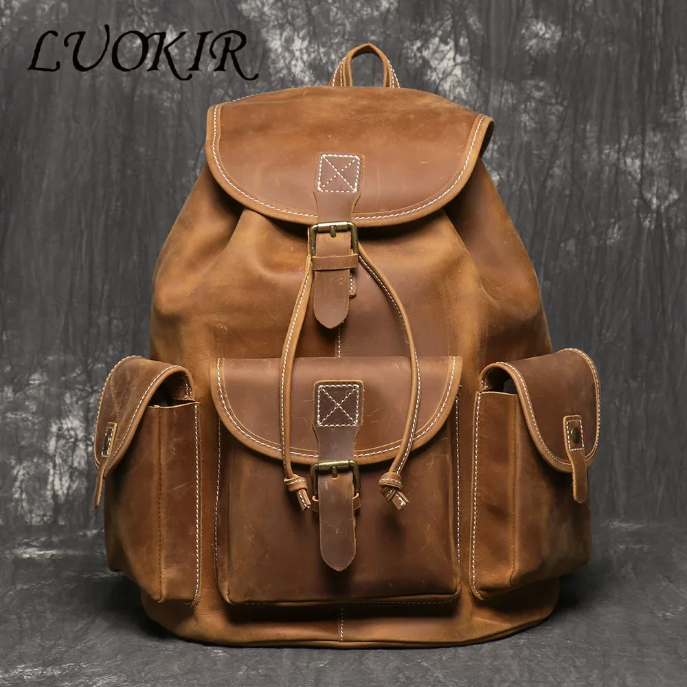 LUOKIR-Sac à Dos de Voyage Personnalisé en Cuir de Vache Couché, Cartable d'Ordinateur de Grande Capacité, Nouvelle Collection