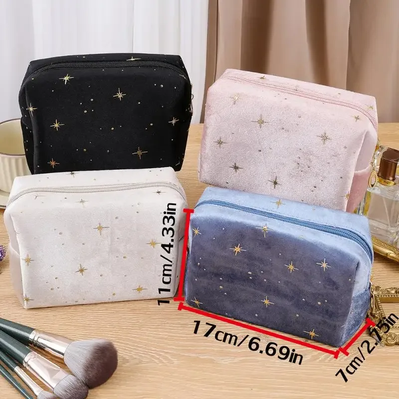 pochette à cosmétiques spacieuse en velours, sac de toilette de voyage avec motif étoile, trousse de maquillage portable pour rouge à lèvres