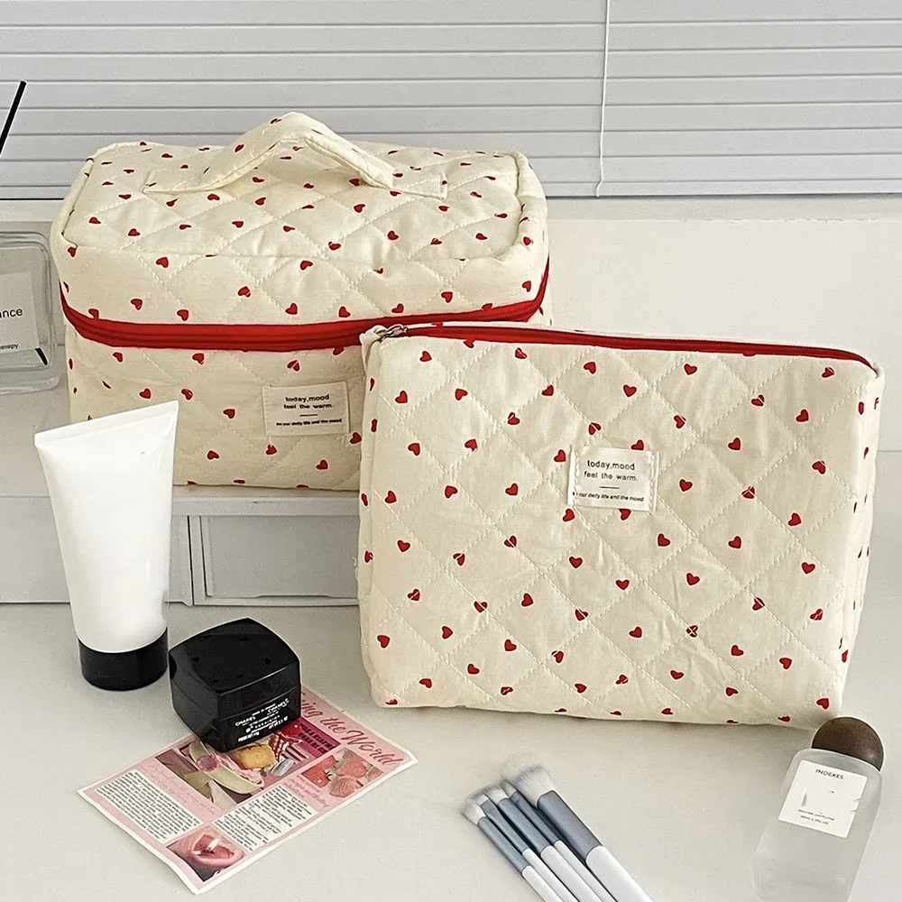 mode ins coeur femmes quilting sac de maquillage grande capacité toilette cosmétique pochette de rangement sac à main dames fermeture éclair sac de maquillage