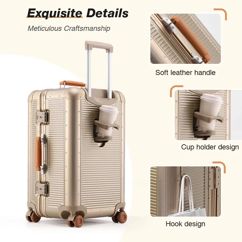 valise de cabine aiweiny 20/24/28 pouces avec cadre en aluminium, serrure tsa à 3:7, roues silencieuses, porte-gobelet, bagage de voyage léger en pc