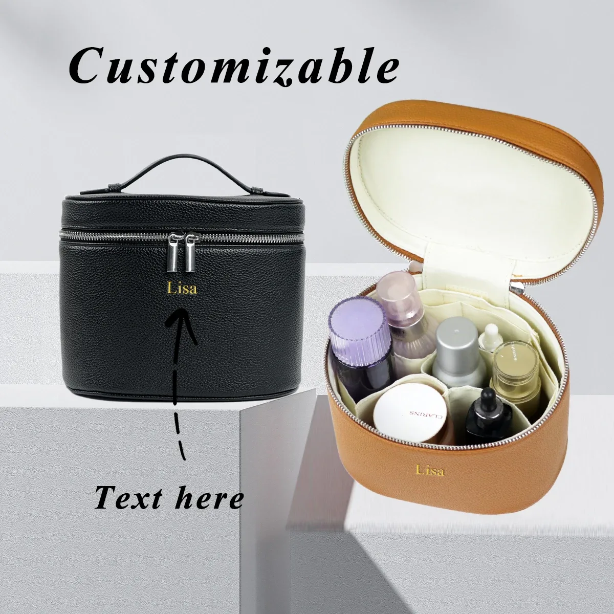 trousse à cosmétiques ronde à main pour femmes, impression gratuite, pubucket rond, trousse de vanité, produit de soins de la peau, sac de rangement de cosmétiques