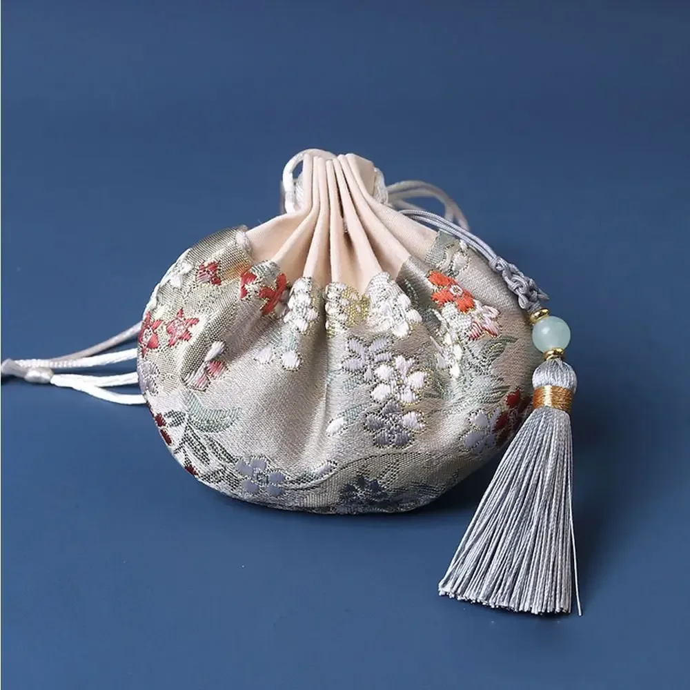 pochette de rangement en tissu brodé à motif floral, style chinois, avec cordon de serrage, vide, pour bijoux et accessoires féminins