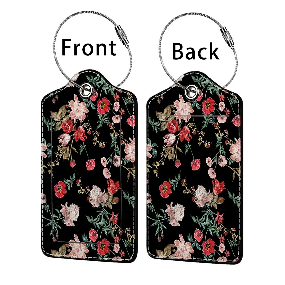 étiquette de bagage d'affaires en cuir imprimé de belles fleurs, étiquette d'adresse de valise, étui d'embarquement de bagages, clip d'adresse d'identification de nom