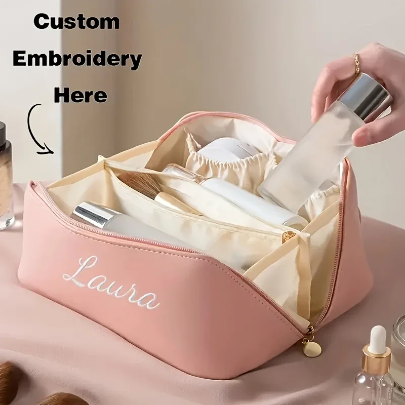 pochette de maquillage personnalisée avec nom brodé - organisateur de cosmétiques grande capacité avec fermeture à glissière et poignée supérieure