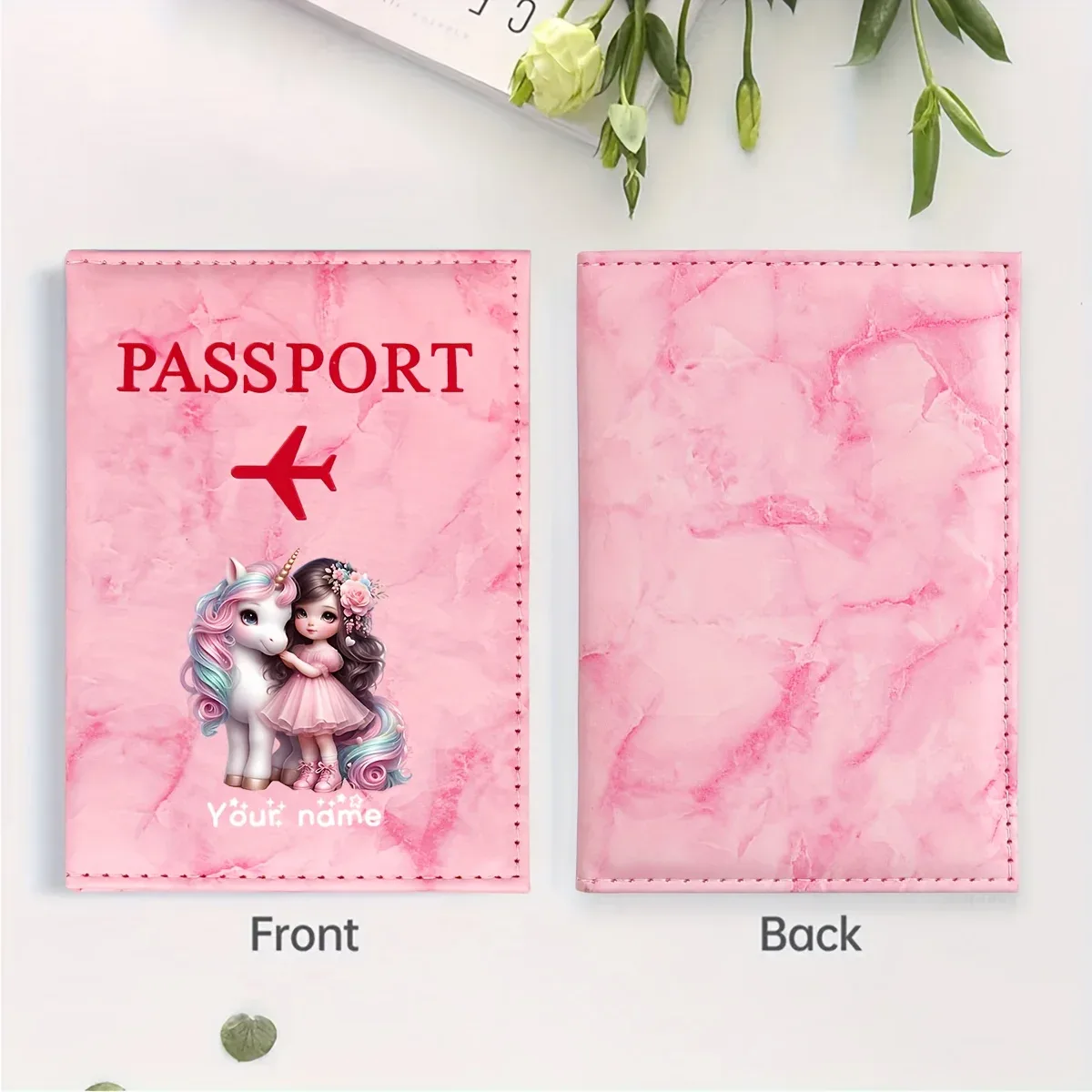 porte-passeport en pu à motif licorne pour fille, avec icône d'avion doré, porte-cartes, portefeuille de voyage, cadeau pour les voyageurs et les professionnels