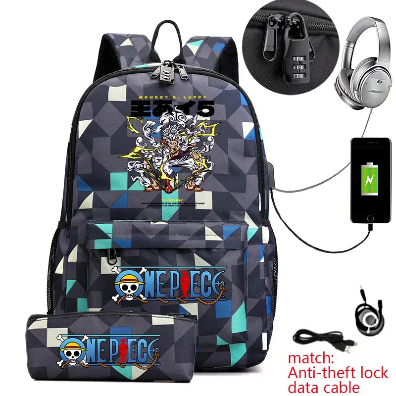 sac à dos d'étudiant imprimé one piece luffy, sac d'école décontracté antivol avec trousse à crayons pour garçons et filles