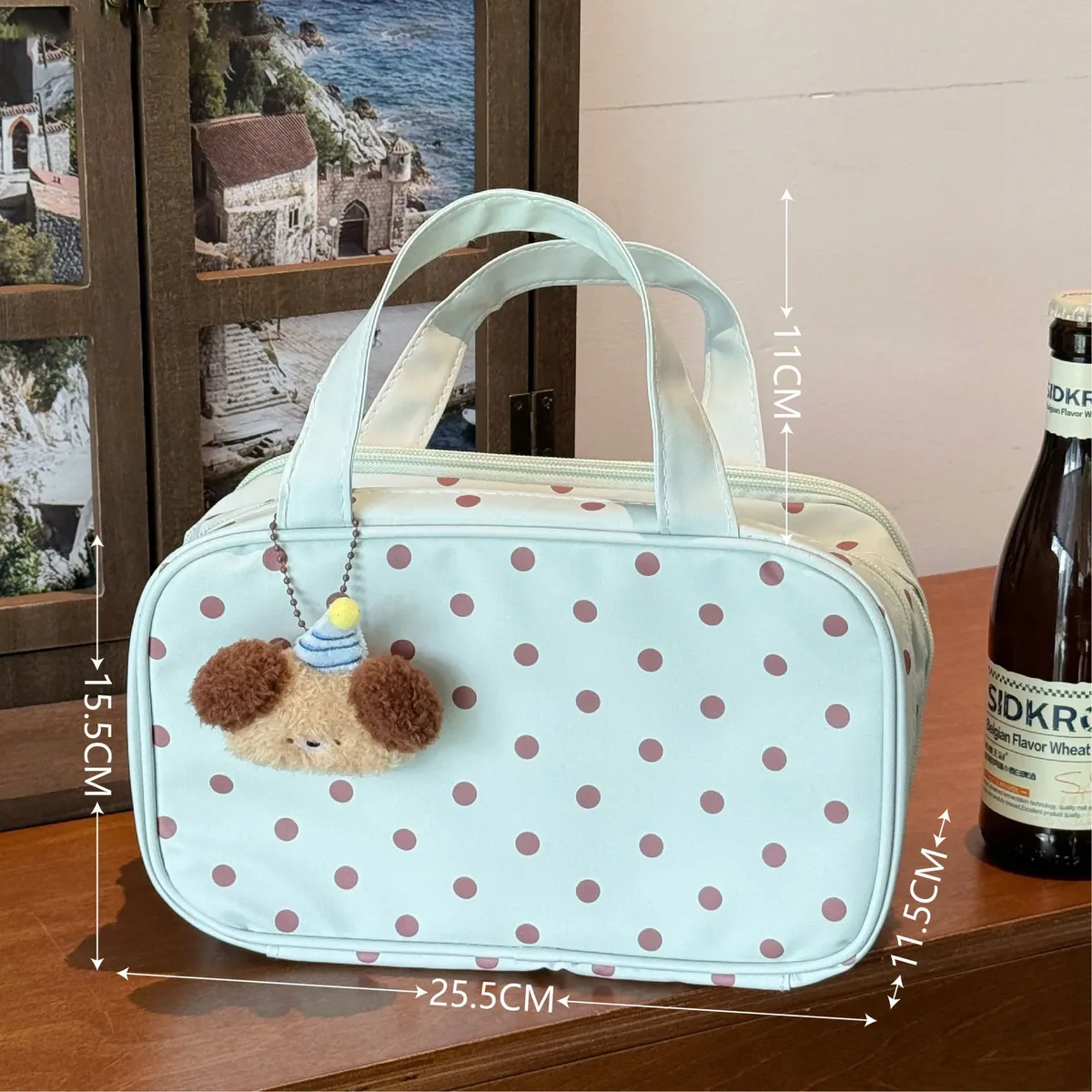 trousse de maquillage vert menthe à pois, grande capacité, compartiment à trois couches, sac de rangement étanche