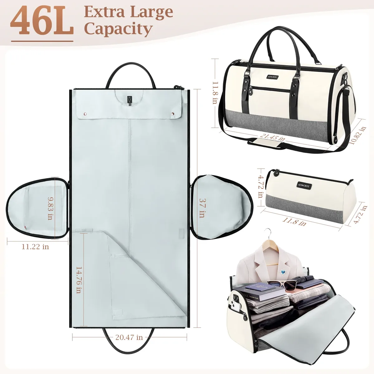 sac à vêtements de voyage, sacs polochons convertibles pour vêtements combinés avec compartiment à chaussures, trousse de toilette, sac de nuit pour week-end