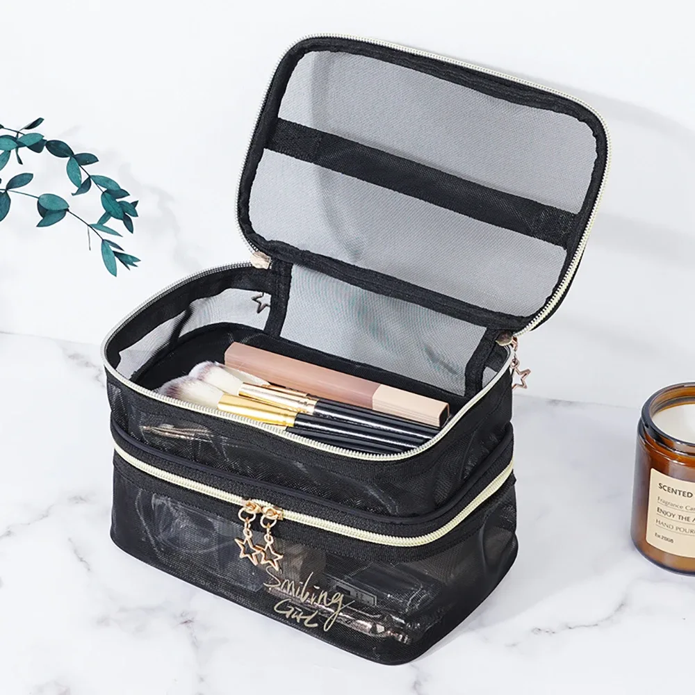 trousse de maquillage en maille noire de grande capacité pour femme, trousse de toilette décontractée à fermeture éclair, sac à cosmétiques de voyage