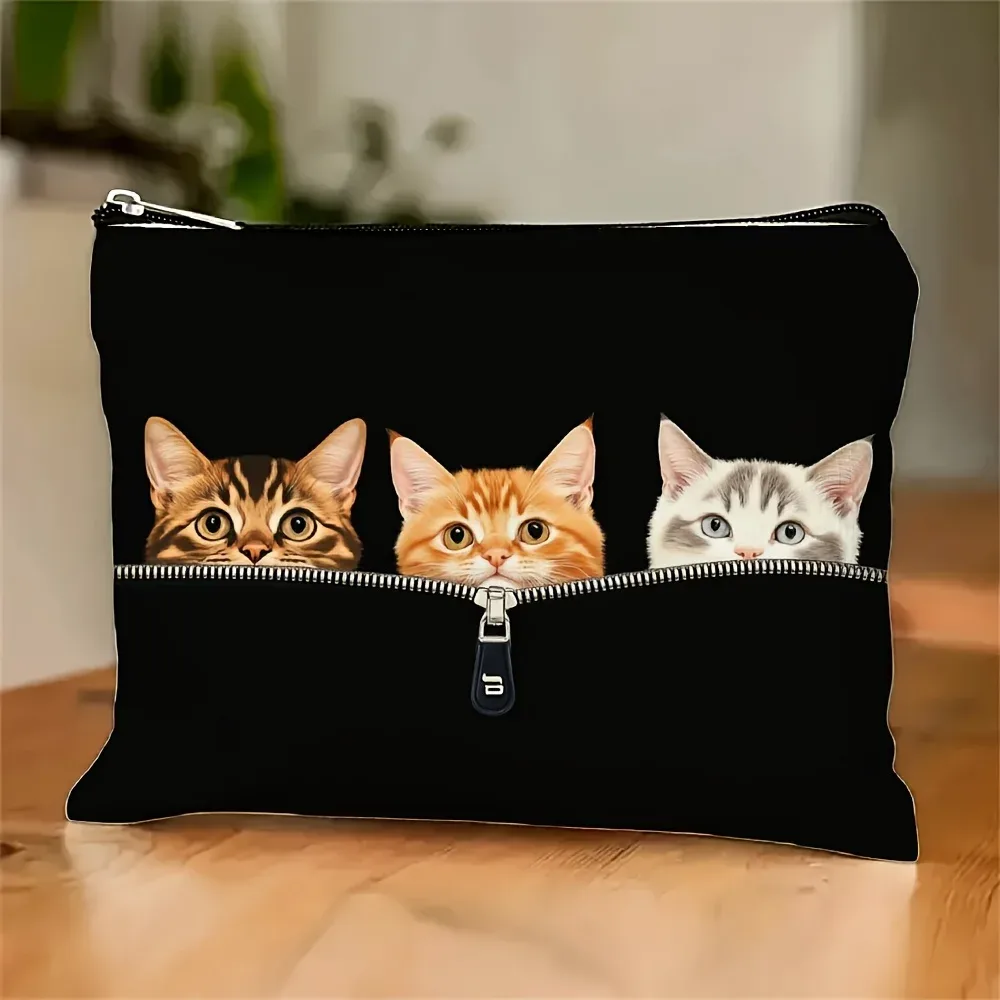 sac de maquillage à imprimé chat mignon - pochette multifonctionnelle à fermeture éclair, sac de rangement pour bijoux, petit sac de rangement de voyage à fermeture éclair parfait.