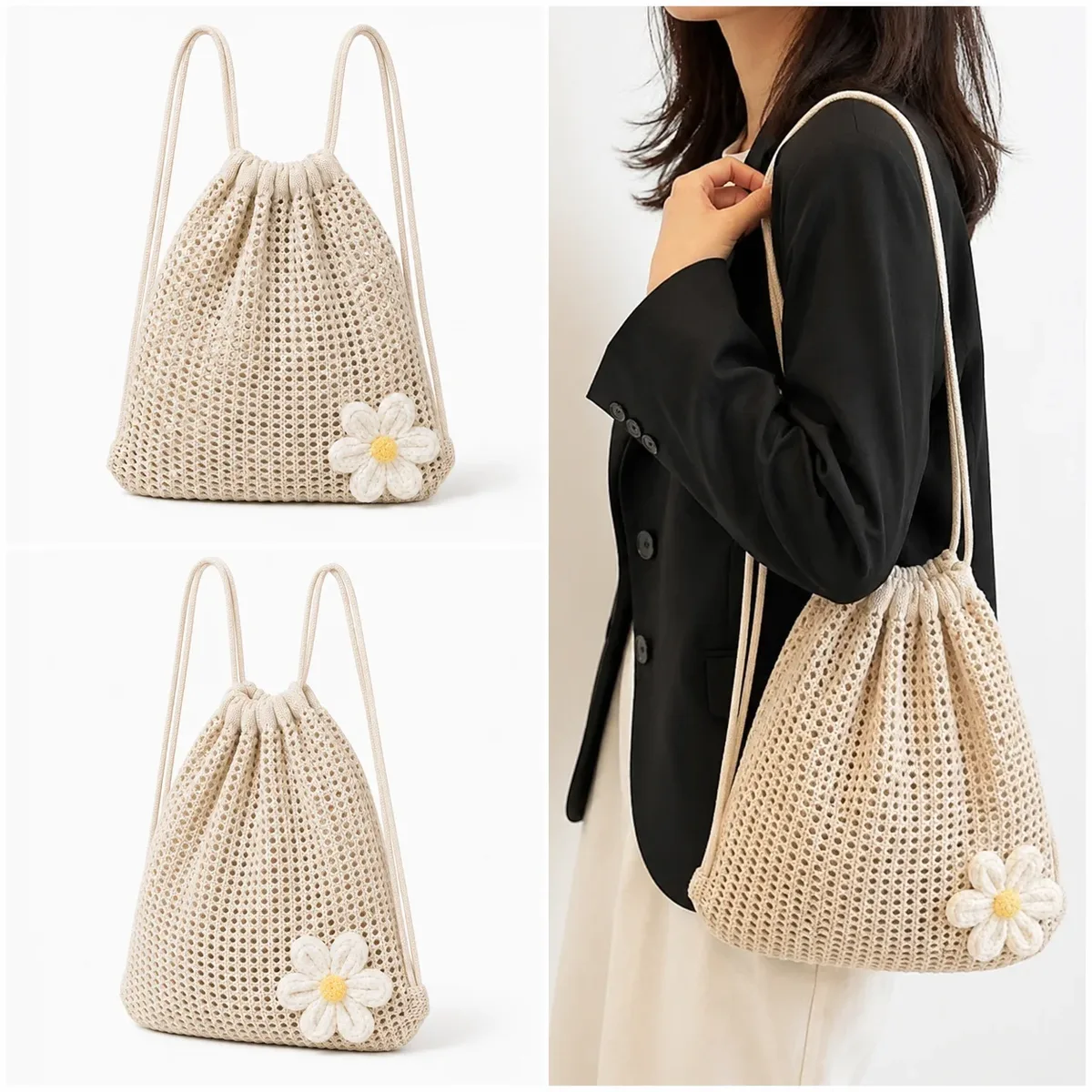 sac à dos en crochet pour femme avec cordon de serrage et motif marguerite, sac à bandoulière léger en tricot ajouré pour les voyages, la plage et l'usage quotidien