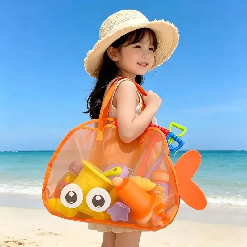 sac de rangement mignon de grande capacité, portable, pliable, en maille, pour organiser les jouets de plage, les voyages et les sports de plein air.