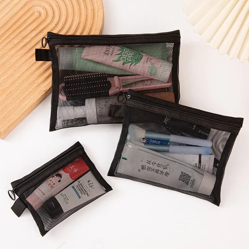 sacs à cosmétiques transparents en maille pour femmes, trousse de maquillage noire, étui de rangement de toilette de voyage portable, pochette de rangement de rouge à lèvres, cadeau, 1/5/10 pièces