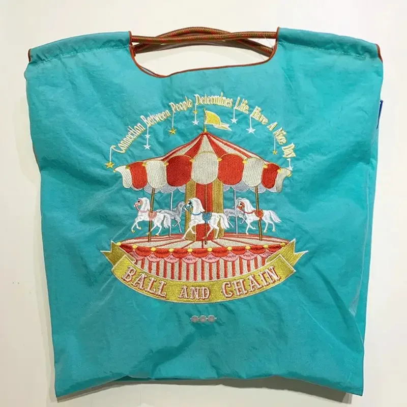 sac de shopping brodé pour femmes, avec chaîne à billes, grande capacité, en nylon écologique, sac à main, sac à bandoulière, sac porté en travers du corps.