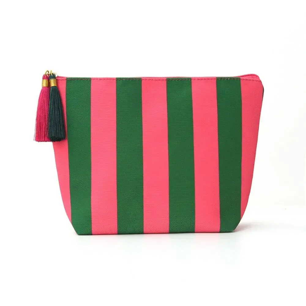 sac de maquillage portable en velours côtelé, grande capacité, motif rayé, sac de toilette, sac de rangement, utilisation en voyage