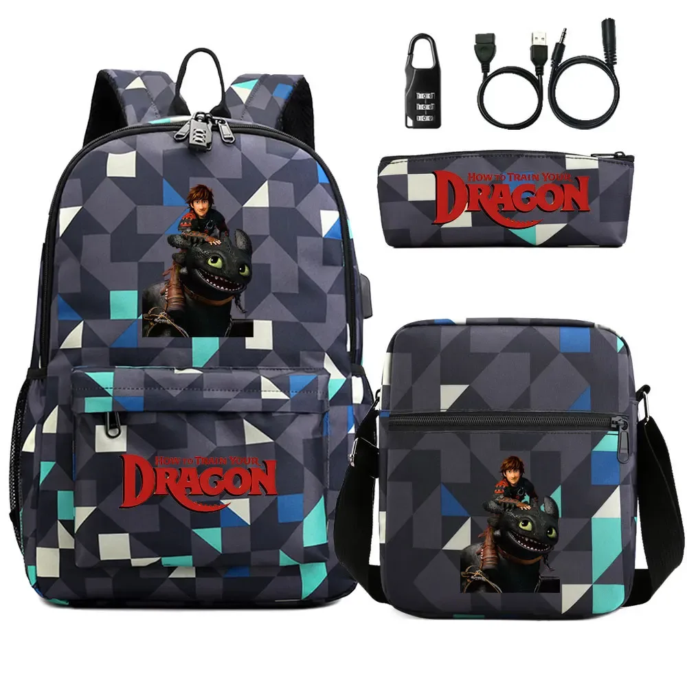 comment entraîner votre dragon 3 pièces usb antivol serrure garçon fille enfants retour à l'école livre sacs voyage sac à dos sac à bandoulière sacs à stylos