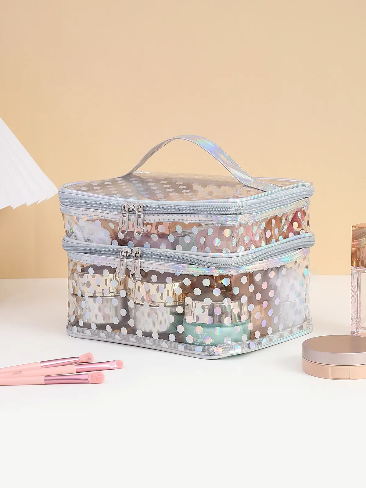 trousse de maquillage double couche en pvc transparent à pois, trousse de maquillage multifonctionnelle portable et étanche, grande capacité, rangement de voyage