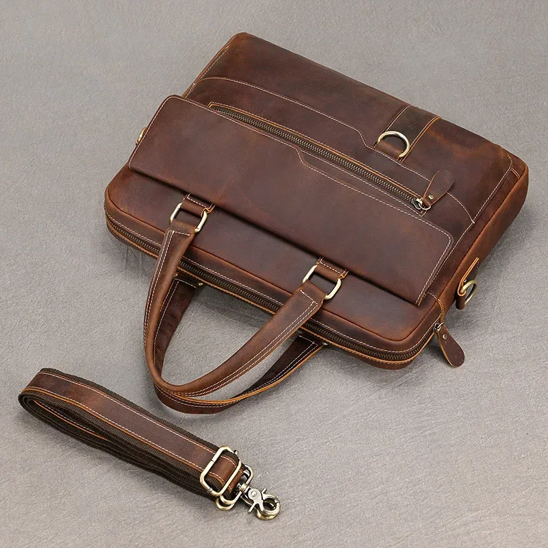 porte-documents en cuir véritable pour hommes, sac à main d'affaires en peau de vache pour ordinateur portable, style vintage, sac à bandoulière en cuir de cheval fou