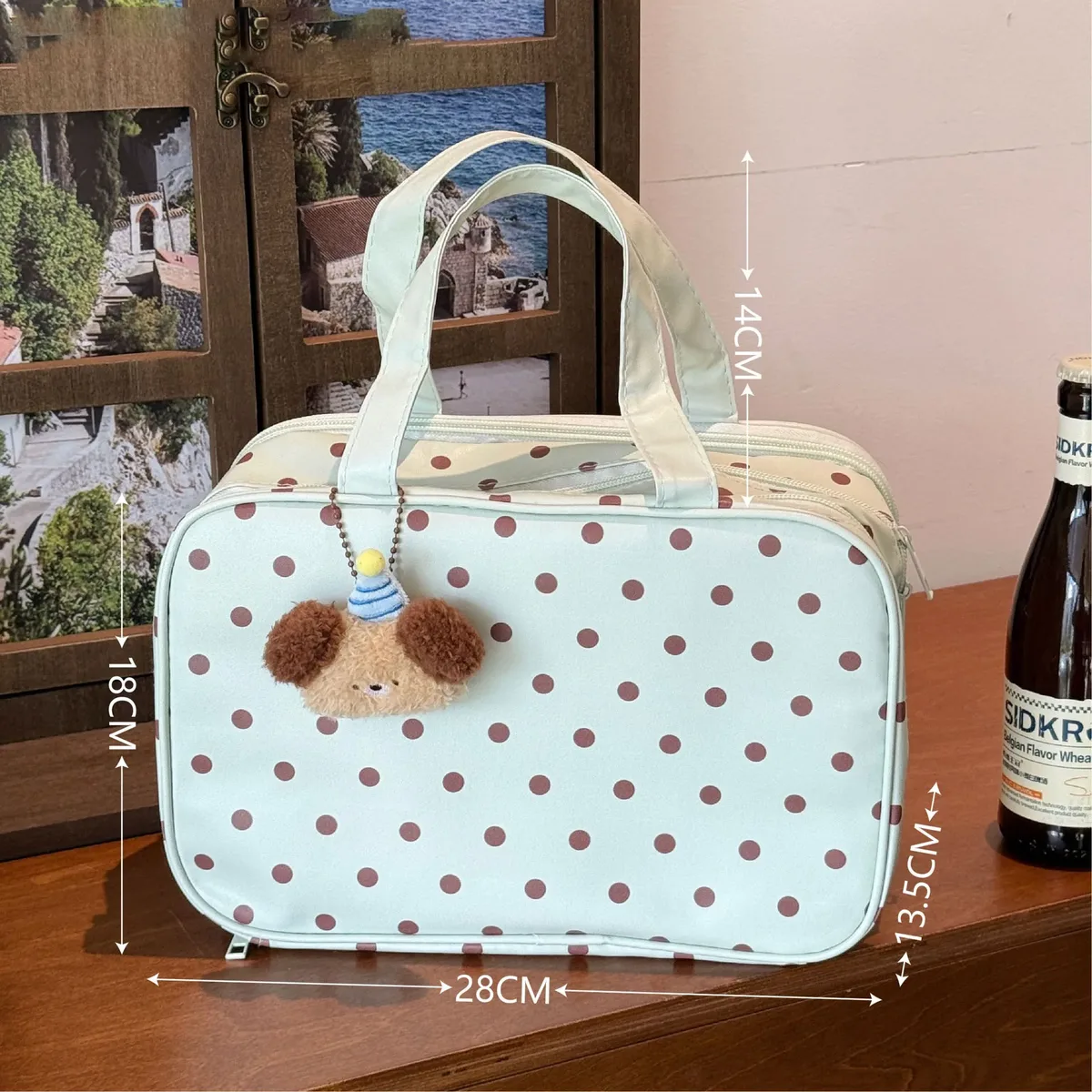 trousse de maquillage vert menthe à pois, grande capacité, compartiment à trois couches, sac de rangement étanche