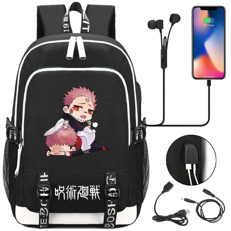 jujutsu kaisen anime sacs à dos adolescents livre cartable unisexe mode usb port de charge ordinateur portable voyage épaule en plein air mochila
