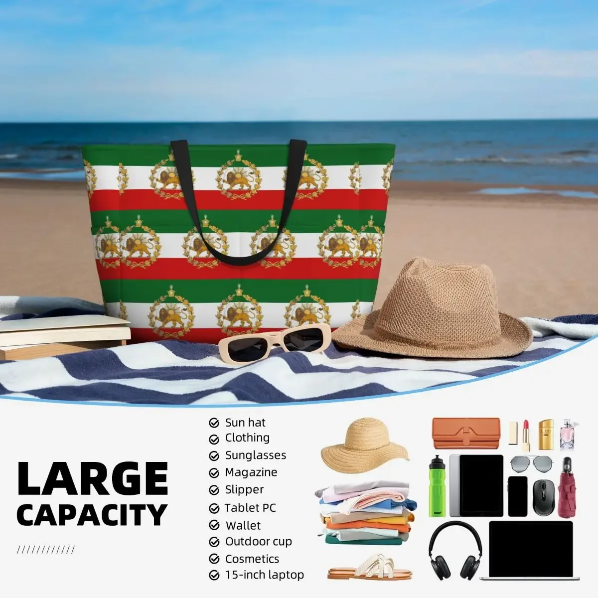 sac fourre-tout de plage avec drapeau de l'iran, sac de sport, de gym, de yoga, grand sac fourre-tout pour femmes, sac de voyage, sac de fitness