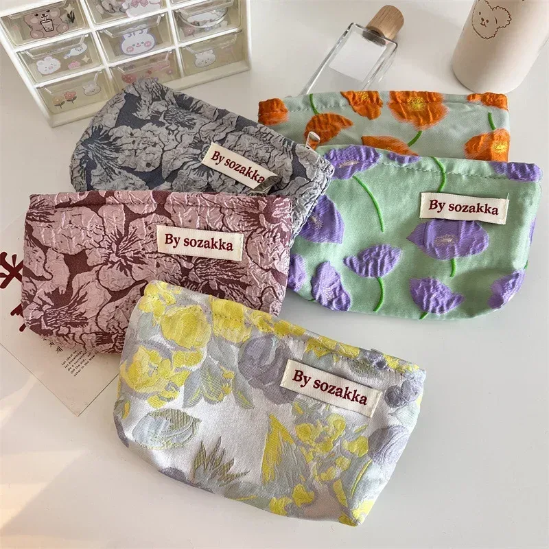 nouveaux sacs de maquillage floraux pour femmes coréennes, sac à cosmétiques, pochette de rangement, trousse de toilette de voyage, trousse de beauté en toile, trousse à crayons