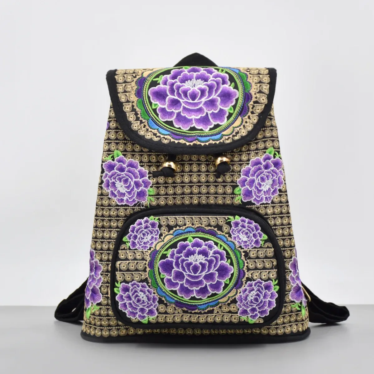 sac à dos vintage en toile brodée florale, sac à dos ethnique décontracté pour filles avec plusieurs poches, cartable à rabat, sac de voyage pour dames