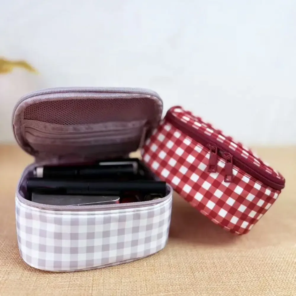 sac de maquillage simple en tissu oxford à carreaux rouges, imperméable, multifonctionnel, grande capacité, sac de toilette de voyage