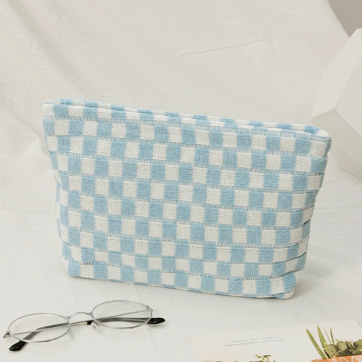 sac à cosmétiques en damier, sac de rangement de toilette tricoté, pochette de maquillage colorée, organisateur, sac à cosmétiques à motif à carreaux