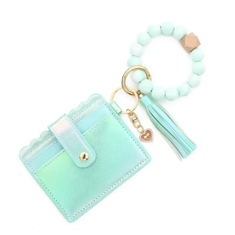 porte-cartes adorable pour filles, portefeuille dégradé de couleurs, breloque cœur, bracelet perles en silicone, étui en cuir pour cartes d'identité - organisateur tendance