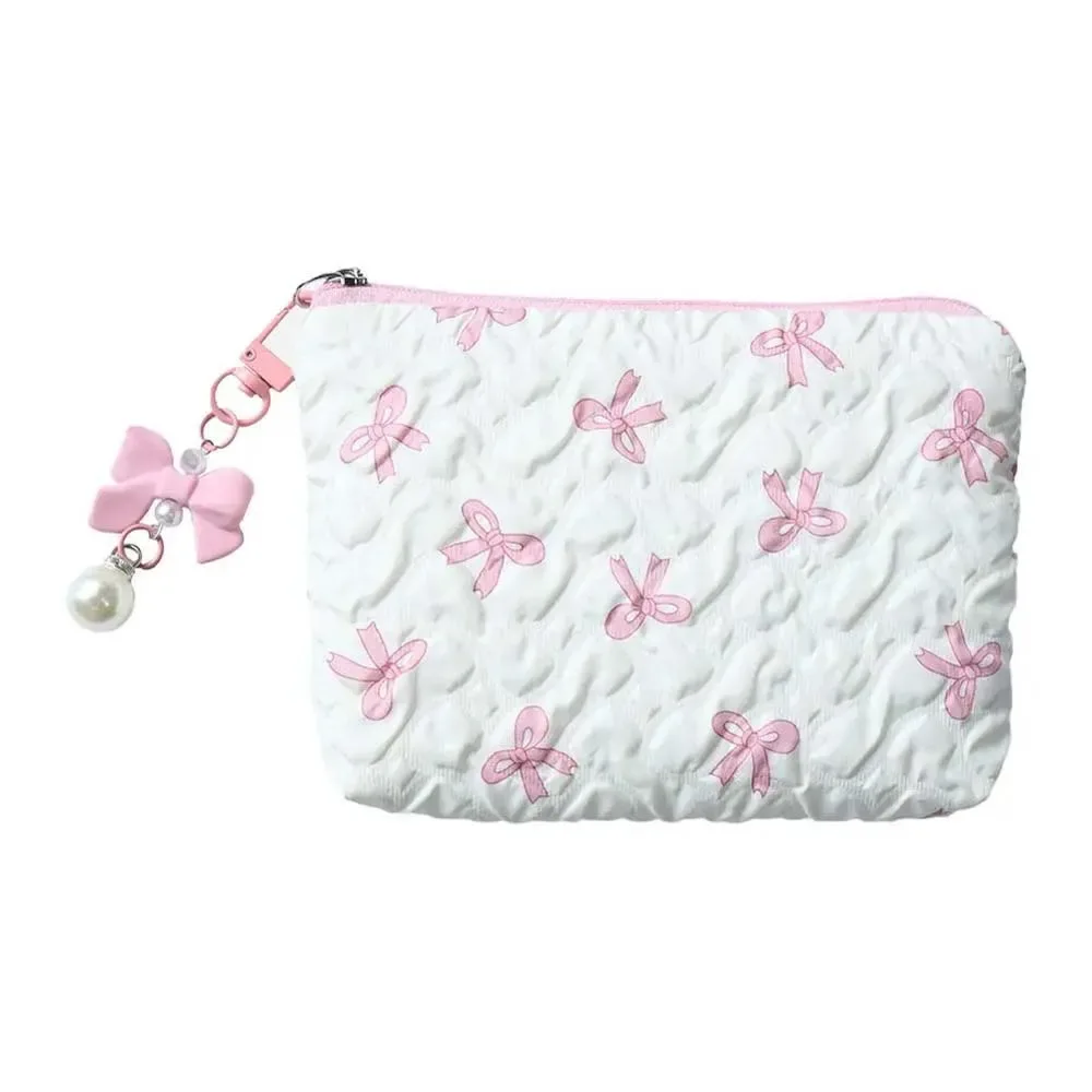 mini trousse de maquillage bow pour femme, sac de toilette de voyage, jolie pochette à monnaie, étui léger pour rouge à lèvres, sac de rangement gaufré