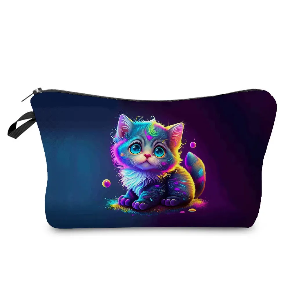 trousse à cosmétiques avec imprimé chat animal de dessin animé 3d pour femme, mini trousse de maquillage décontractée, étui à crayons personnalisé, extérieur, plage, voyage, mignon