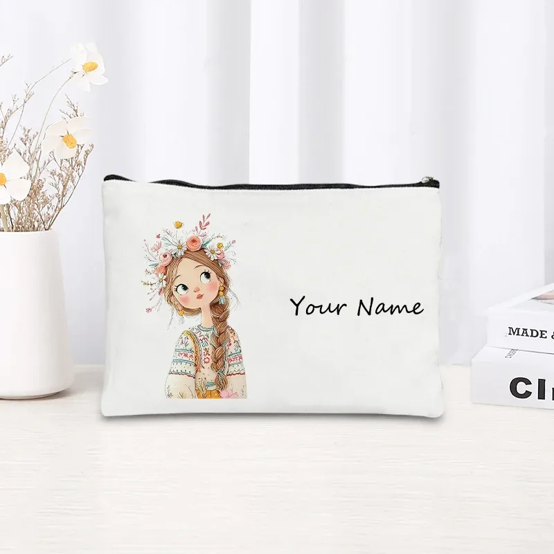 trousse de maquillage en toile personnalisée avec nom, pochette cosmétique quotidienne personnalisée, trousse de toilette, cadeau de noël ou d'anniversaire pour filles