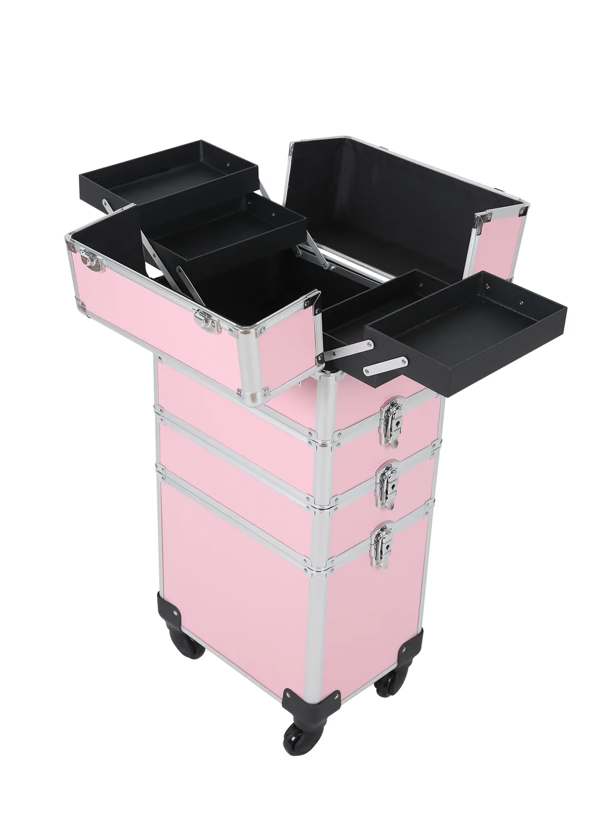 trousse de maquillage à roulettes détachable, grand chariot de rangement pour cosmétiques, 4 couches, organisateurs de maquillage de grande capacité, étui de voyage avec clé